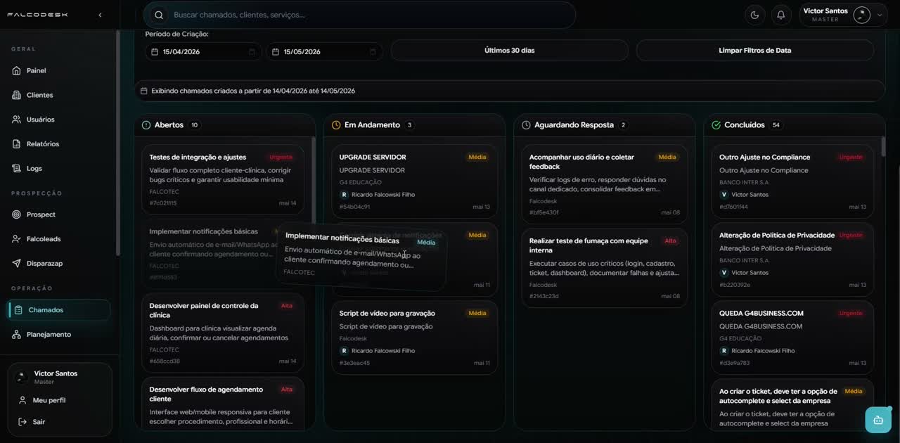 Tela da Falcodesk com chamados e operação